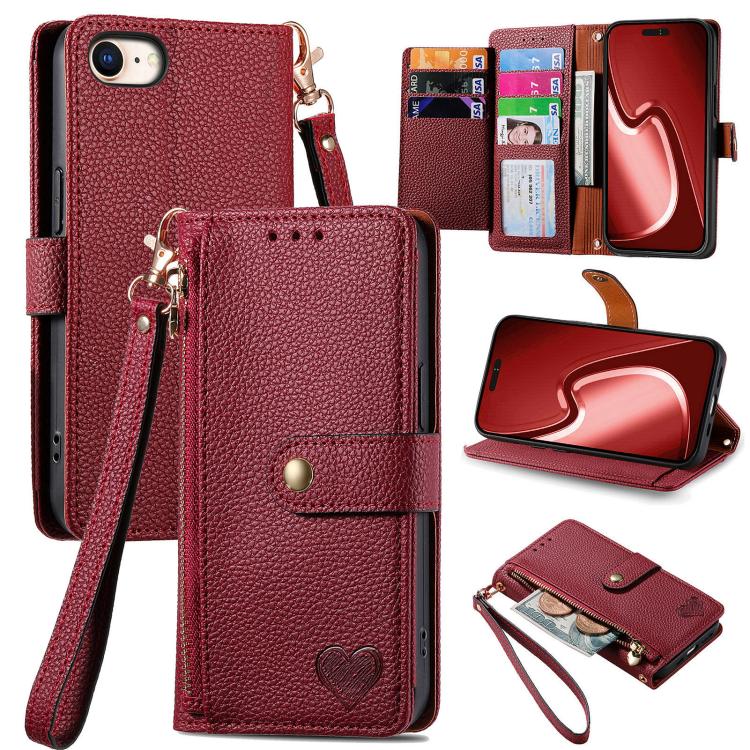For iPhone 16e Love Zipper Lanyard Leather Phone Case(Red) - iPhone 16e Cases by buy2fix | Online Shopping UK | buy2fix