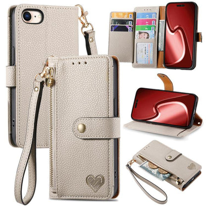 For iPhone 16e Love Zipper Lanyard Leather Phone Case(Gray) - iPhone 16e Cases by buy2fix | Online Shopping UK | buy2fix