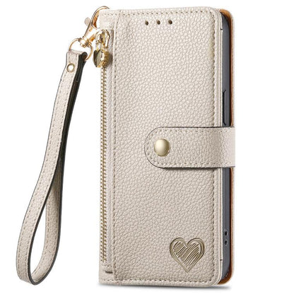 For iPhone 16e Love Zipper Lanyard Leather Phone Case(Gray) - iPhone 16e Cases by buy2fix | Online Shopping UK | buy2fix