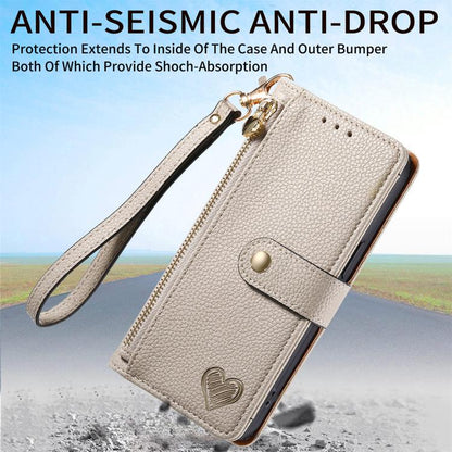 For iPhone 16e Love Zipper Lanyard Leather Phone Case(Gray) - iPhone 16e Cases by buy2fix | Online Shopping UK | buy2fix