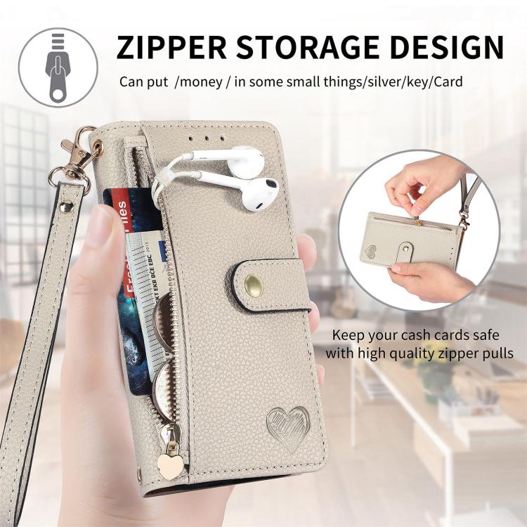 For iPhone 16e Love Zipper Lanyard Leather Phone Case(Gray) - iPhone 16e Cases by buy2fix | Online Shopping UK | buy2fix