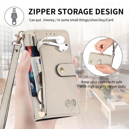 For iPhone 16e Love Zipper Lanyard Leather Phone Case(Gray) - iPhone 16e Cases by buy2fix | Online Shopping UK | buy2fix