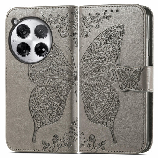 For OnePlus 12 Butterfly Love Flower Embossed Leather Phone Case(Gray) - OnePlus Cases by buy2fix | Online Shopping UK | buy2fix
