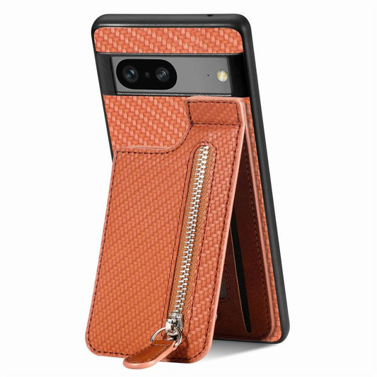 For Google Pixel 7a Carbon Fiber Vertical Flip Zipper Phone Case(Brown) - Google Cases by buy2fix | Online Shopping UK | buy2fix