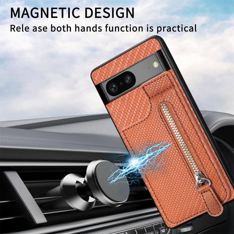 For Google Pixel 7a Carbon Fiber Vertical Flip Zipper Phone Case(Brown) by buy2fix