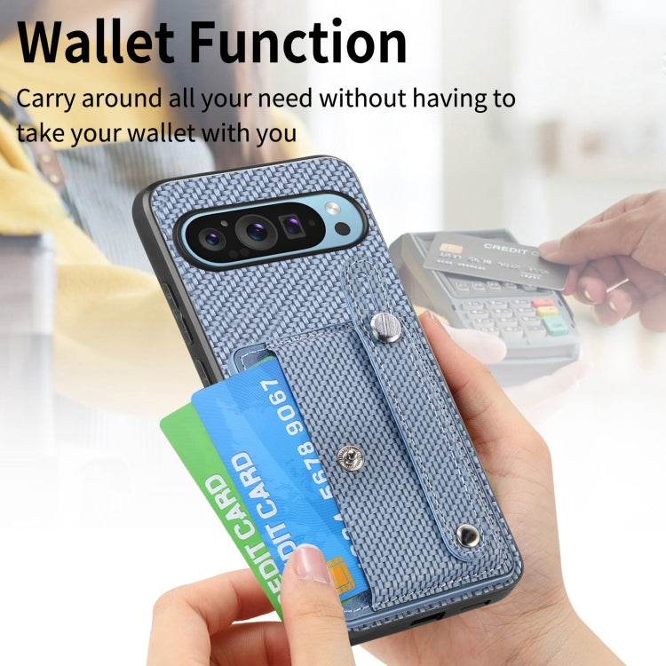 For Google Pixel 9 Wristband Kickstand Card Wallet Back Cover Phone Case with Tool Knife(Blue) by buy2fix