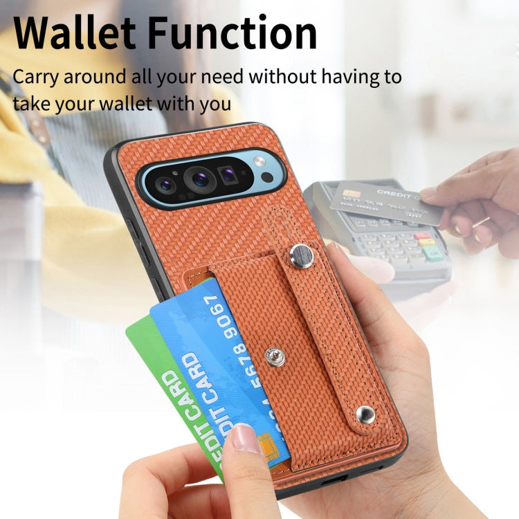 For Google Pixel 9 Wristband Kickstand Card Wallet Back Cover Phone Case with Tool Knife(Brown) by buy2fix