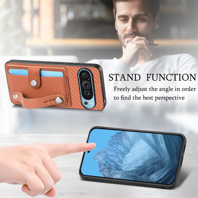 For Google Pixel 9 Wristband Kickstand Card Wallet Back Cover Phone Case with Tool Knife(Brown) by buy2fix