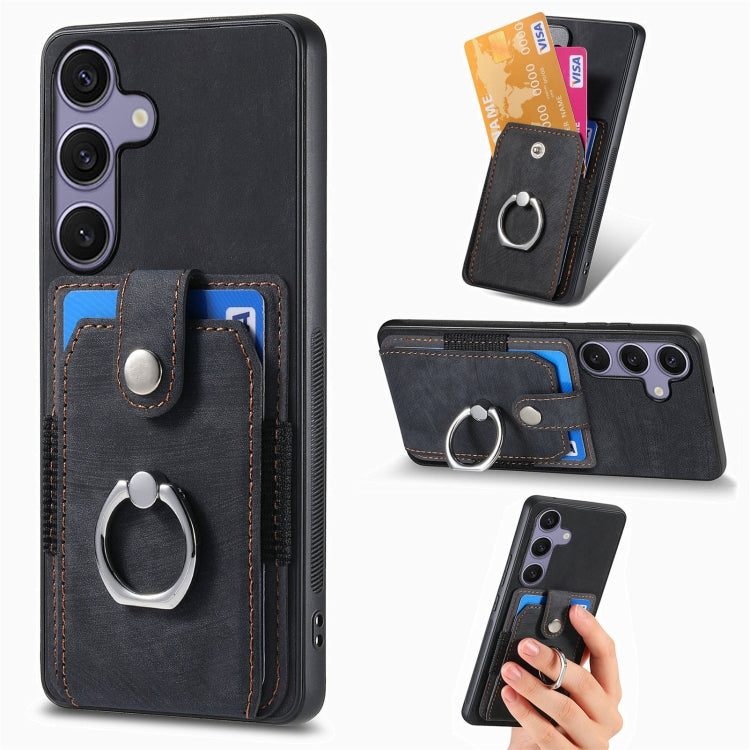 For Samsung Galaxy S25 5G Retro Skin-feel Ring Card Wallet Phone Case(Black) by buy2fix
