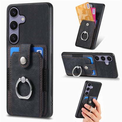 For Samsung Galaxy S25 5G Retro Skin-feel Ring Card Wallet Phone Case(Black) by buy2fix