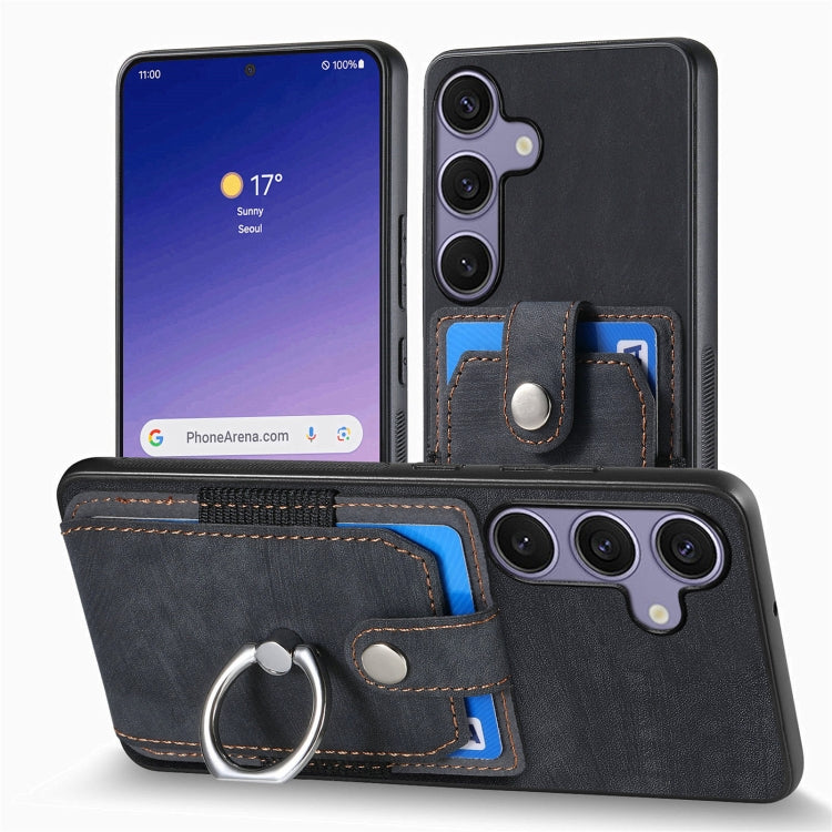 For Samsung Galaxy S25 5G Retro Skin-feel Ring Card Wallet Phone Case(Black) by buy2fix