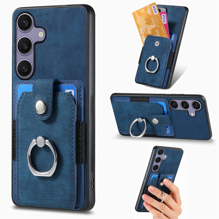 For Samsung Galaxy S25 5G Retro Skin-feel Ring Card Wallet Phone Case(Blue) by buy2fix
