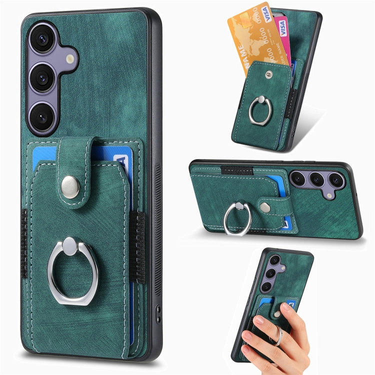 For Samsung Galaxy S25 5G Retro Skin-feel Ring Card Wallet Phone Case(Green) by buy2fix