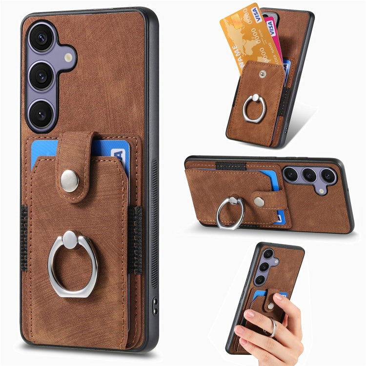 For Samsung Galaxy S25 5G Retro Skin-feel Ring Card Wallet Phone Case(Brown) by buy2fix