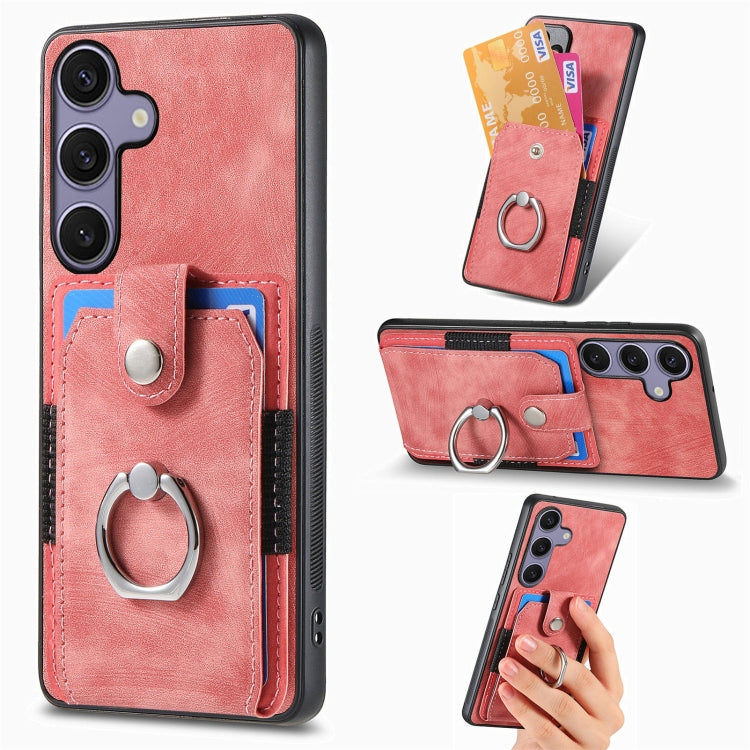 For Samsung Galaxy S25+ 5G Retro Skin-feel Ring Card Wallet Phone Case(Pink) by buy2fix