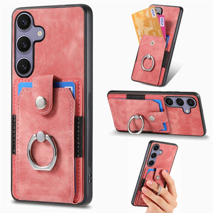 For Samsung Galaxy S25+ 5G Retro Skin-feel Ring Card Wallet Phone Case(Pink) by buy2fix
