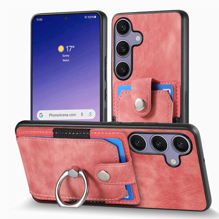For Samsung Galaxy S25+ 5G Retro Skin-feel Ring Card Wallet Phone Case(Pink) by buy2fix