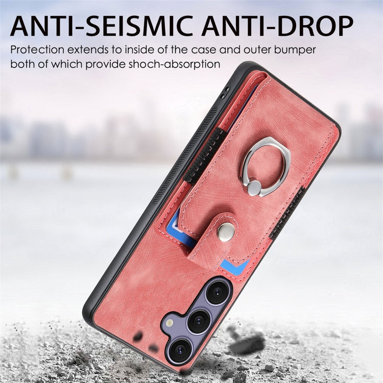 For Samsung Galaxy S25+ 5G Retro Skin-feel Ring Card Wallet Phone Case(Pink) by buy2fix