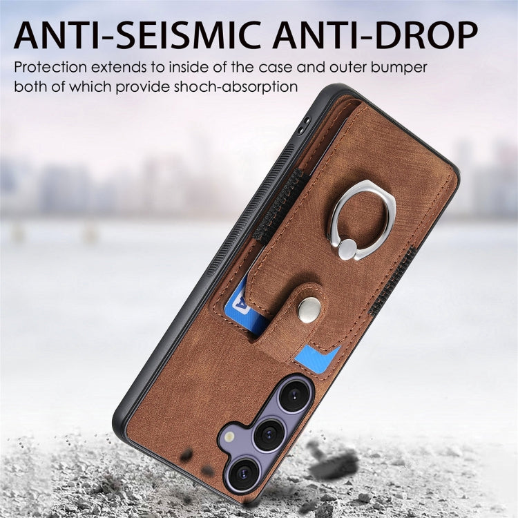 For Samsung Galaxy S25+ 5G Retro Skin-feel Ring Card Wallet Phone Case(Brown) by buy2fix