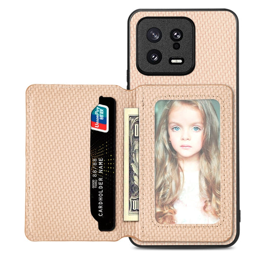 For Xiaomi 13 Carbon Fiber Magnetic Card Bag Phone Case(Khaki) - Xiaomi Cases by buy2fix | Online Shopping UK | buy2fix