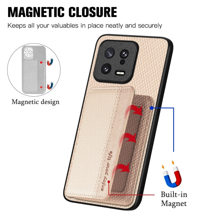 For Xiaomi 13 Carbon Fiber Magnetic Card Bag Phone Case(Khaki) - Xiaomi Cases by buy2fix | Online Shopping UK | buy2fix