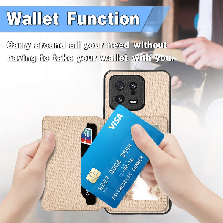 For Xiaomi 13 Carbon Fiber Magnetic Card Bag Phone Case(Khaki) - Xiaomi Cases by buy2fix | Online Shopping UK | buy2fix