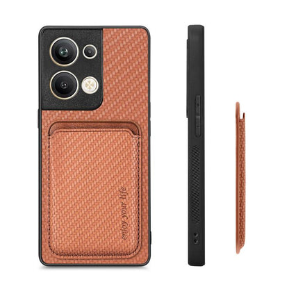 For OPPO Reno9 Carbon Fiber Leather Card Magsafe Magnetic Phone Case(Brown) by buy2fix