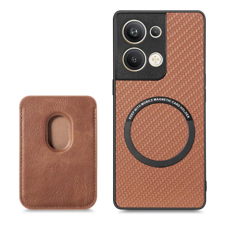 For OPPO Reno9 Carbon Fiber Leather Card Magsafe Magnetic Phone Case(Brown) by buy2fix