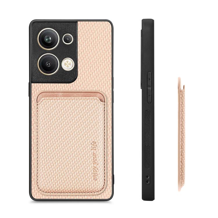 For OPPO Reno9 Carbon Fiber Leather Card Magsafe Magnetic Phone Case(Khaki) by buy2fix