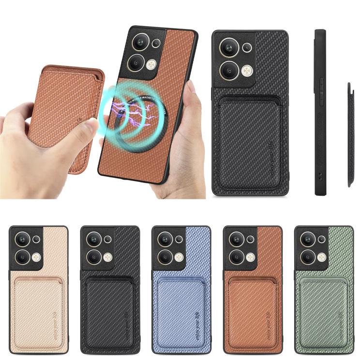 For OPPO Reno9 Pro+ Carbon Fiber Leather Card Magsafe Magnetic Phone Case(Khaki) by buy2fix