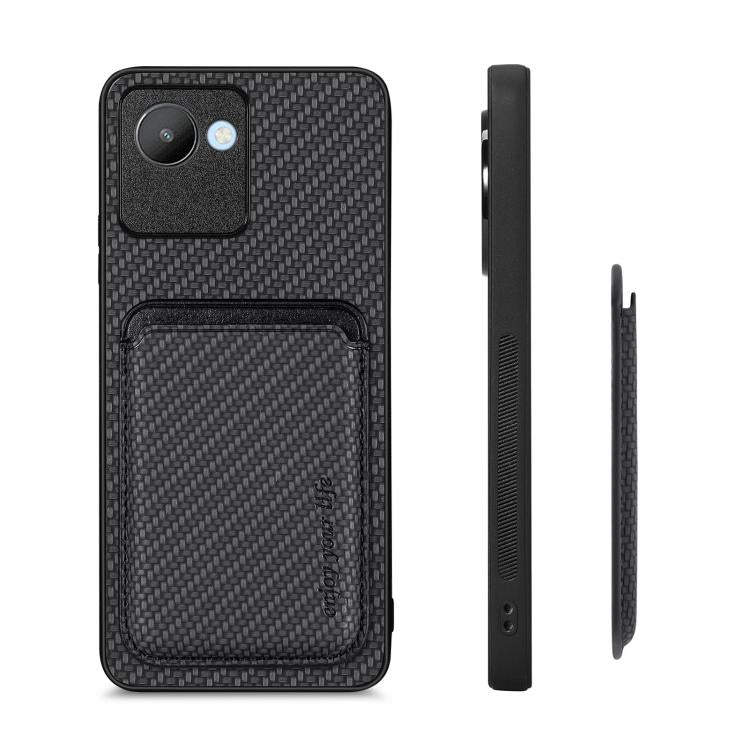 For Realme C30 Carbon Fiber Leather Card Magsafe Phone Case(Black) - Realme Cases by buy2fix | Online Shopping UK | buy2fix