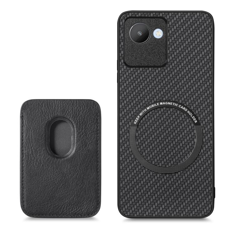 For Realme C30 Carbon Fiber Leather Card Magsafe Phone Case(Black) - Realme Cases by buy2fix | Online Shopping UK | buy2fix