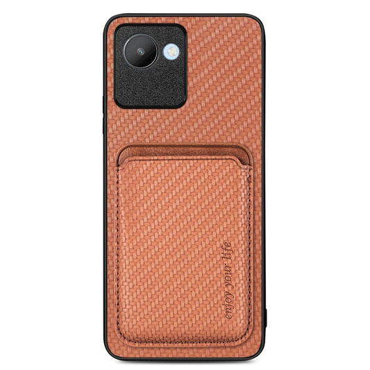 For Realme C30 Carbon Fiber Leather Card Magsafe Phone Case(Brown) - Realme Cases by buy2fix | Online Shopping UK | buy2fix