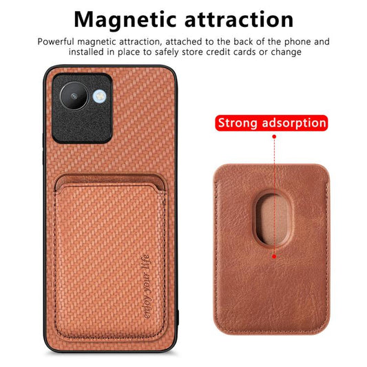 For Realme C30 Carbon Fiber Leather Card Magsafe Phone Case(Brown) - Realme Cases by buy2fix | Online Shopping UK | buy2fix