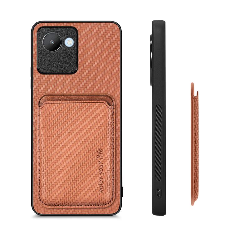 For Realme C30 Carbon Fiber Leather Card Magsafe Phone Case(Brown) - Realme Cases by buy2fix | Online Shopping UK | buy2fix