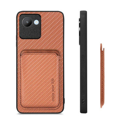 For Realme C30 Carbon Fiber Leather Card Magsafe Phone Case(Brown) - Realme Cases by buy2fix | Online Shopping UK | buy2fix