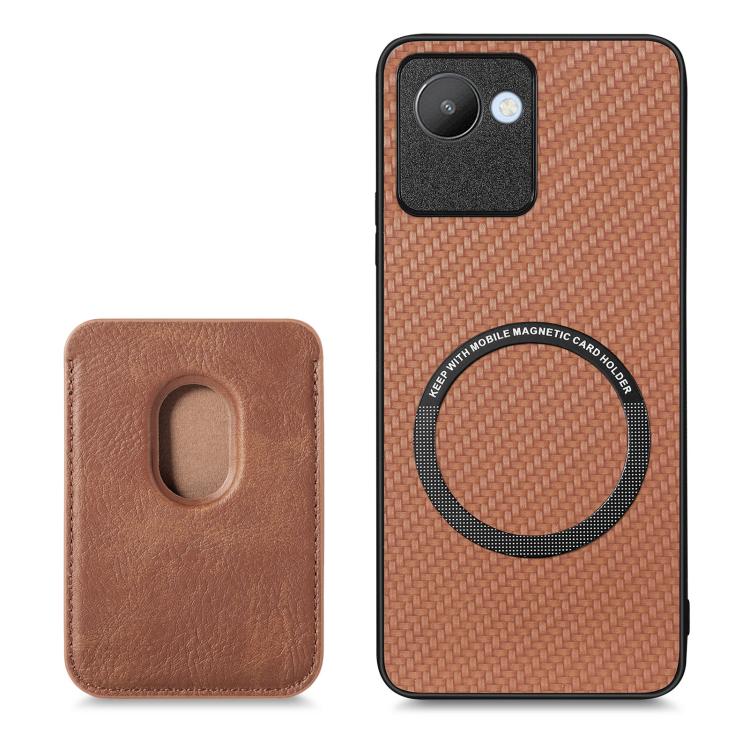 For Realme C30 Carbon Fiber Leather Card Magsafe Phone Case(Brown) - Realme Cases by buy2fix | Online Shopping UK | buy2fix
