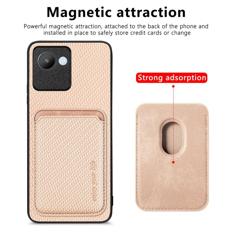For Realme C30 Carbon Fiber Leather Card Magsafe Phone Case(Khaki) - Realme Cases by buy2fix | Online Shopping UK | buy2fix