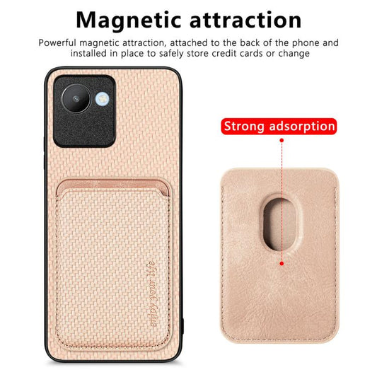For Realme C30 Carbon Fiber Leather Card Magsafe Phone Case(Khaki) - Realme Cases by buy2fix | Online Shopping UK | buy2fix