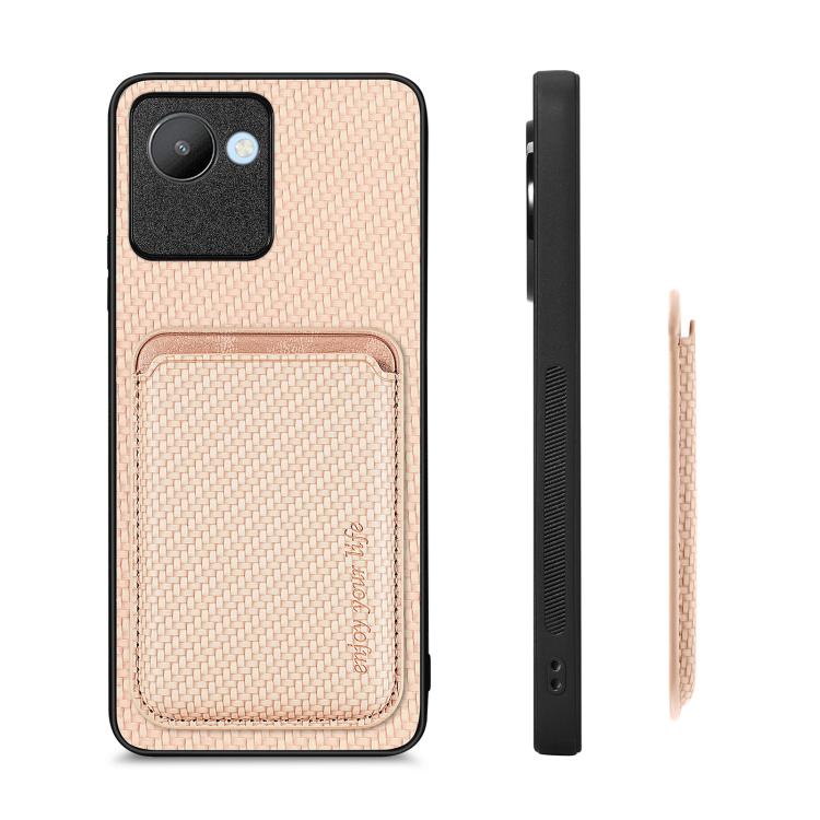 For Realme C30 Carbon Fiber Leather Card Magsafe Phone Case(Khaki) - Realme Cases by buy2fix | Online Shopping UK | buy2fix