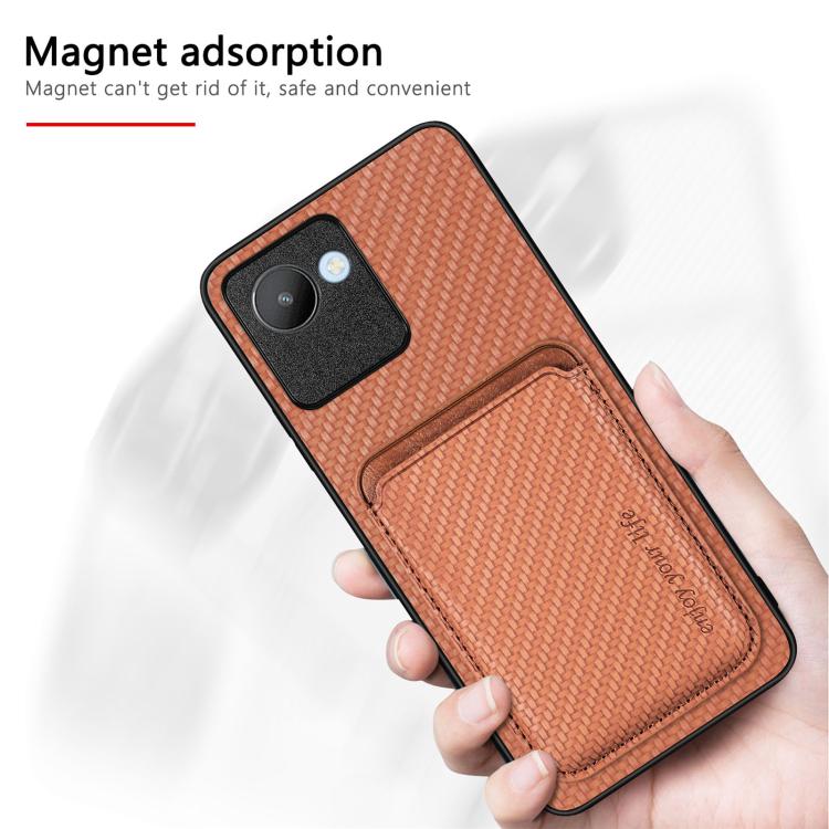 For Realme C30 Carbon Fiber Leather Card Magsafe Phone Case(Black) - Realme Cases by buy2fix | Online Shopping UK | buy2fix