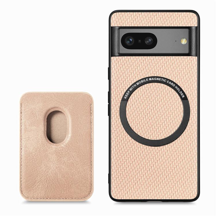 For Google Pixel 7 Carbon Fiber Leather Card Magsafe Phone Case(Khaki) - Google Cases by buy2fix | Online Shopping UK | buy2fix