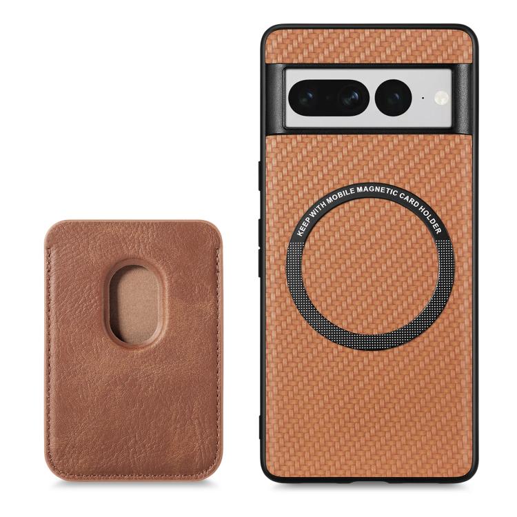 For Google Pixel 7 Pro Carbon Fiber Leather Card Magsafe Phone Case(Brown) - Google Cases by buy2fix | Online Shopping UK | buy2fix