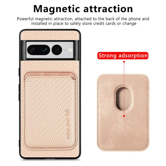 For Google Pixel 7 Pro Carbon Fiber Leather Card Magsafe Phone Case(Khaki) - Google Cases by buy2fix | Online Shopping UK | buy2fix