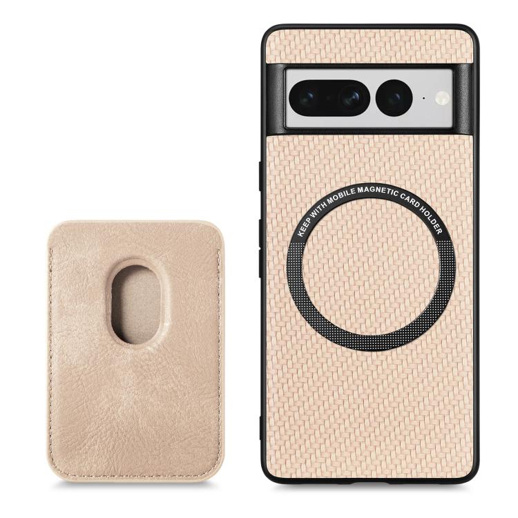 For Google Pixel 7 Pro Carbon Fiber Leather Card Magsafe Phone Case(Khaki) - Google Cases by buy2fix | Online Shopping UK | buy2fix