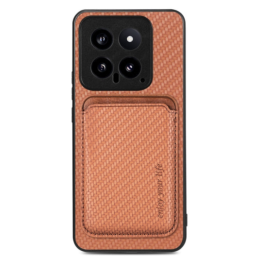 For Xiaomi 14 Carbon Fiber Leather Card Magnetic Phone Case(Brown) - Xiaomi Cases by buy2fix | Online Shopping UK | buy2fix