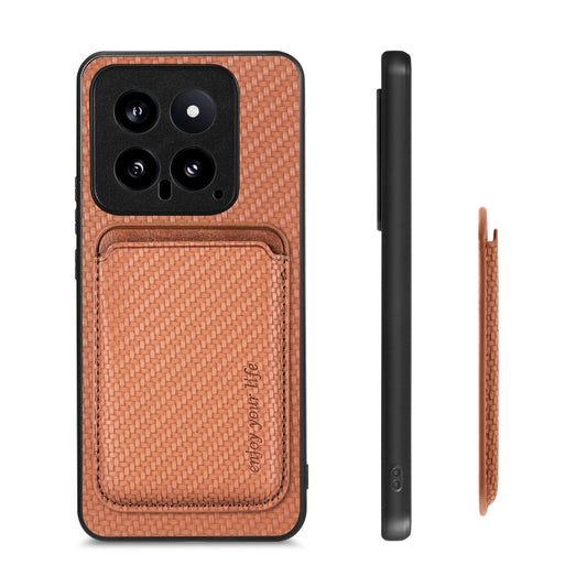 For Xiaomi 14 Carbon Fiber Leather Card Magnetic Phone Case(Brown) - Xiaomi Cases by buy2fix | Online Shopping UK | buy2fix