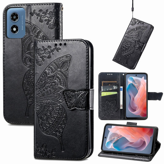 For Motorola Moto G Play 2024 Butterfly Love Flower Embossed Leather Phone Case(Black) by buy2fix