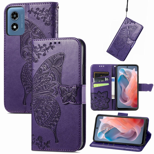 For Motorola Moto G Play 2024 Butterfly Love Flower Embossed Leather Phone Case(Dark Purple) by buy2fix