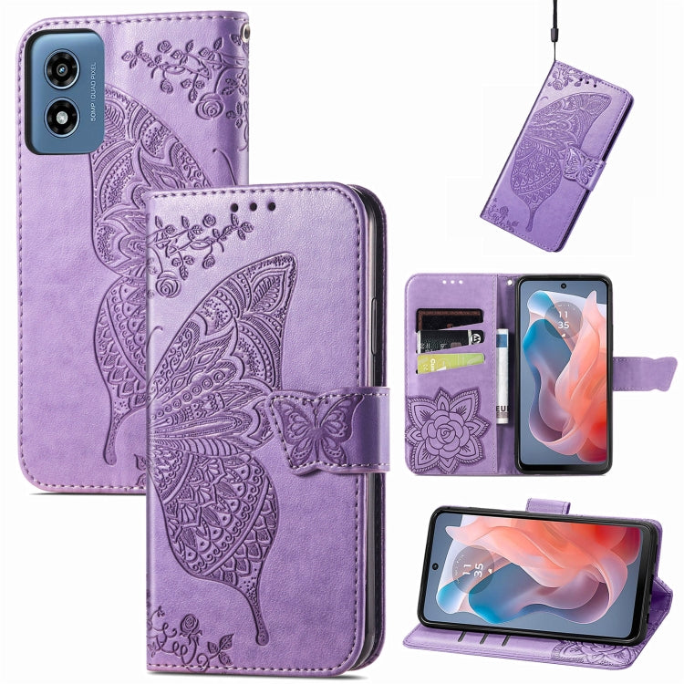 For Motorola Moto G Play 2024 Butterfly Love Flower Embossed Leather Phone Case(Light Purple) by buy2fix